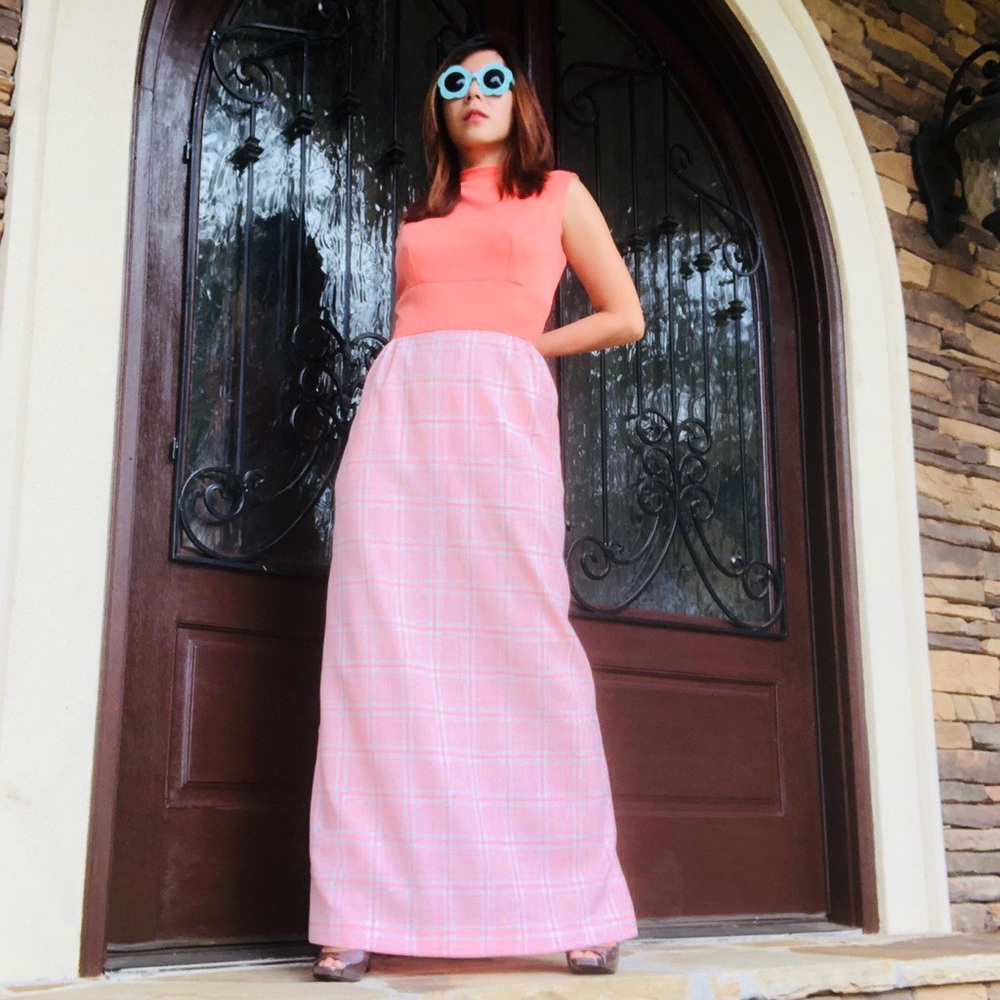 GEORGIA PEACH VINTAGE 1960S CHECKED MAXI DRESS